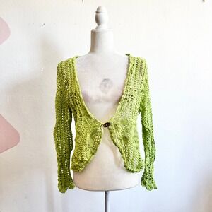 Green Crochet Cardigan Open Knit Festival Vacation Beach Medium